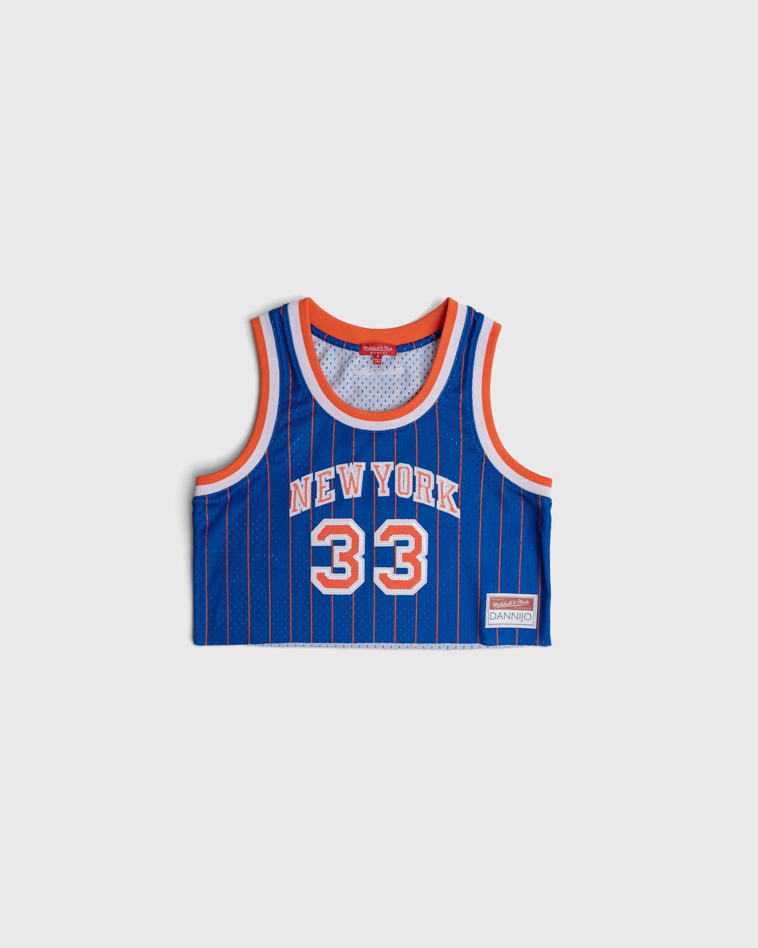 Patrick Ewing New York Knicks blue cropped basketball jersey with number 33 and orange trim
