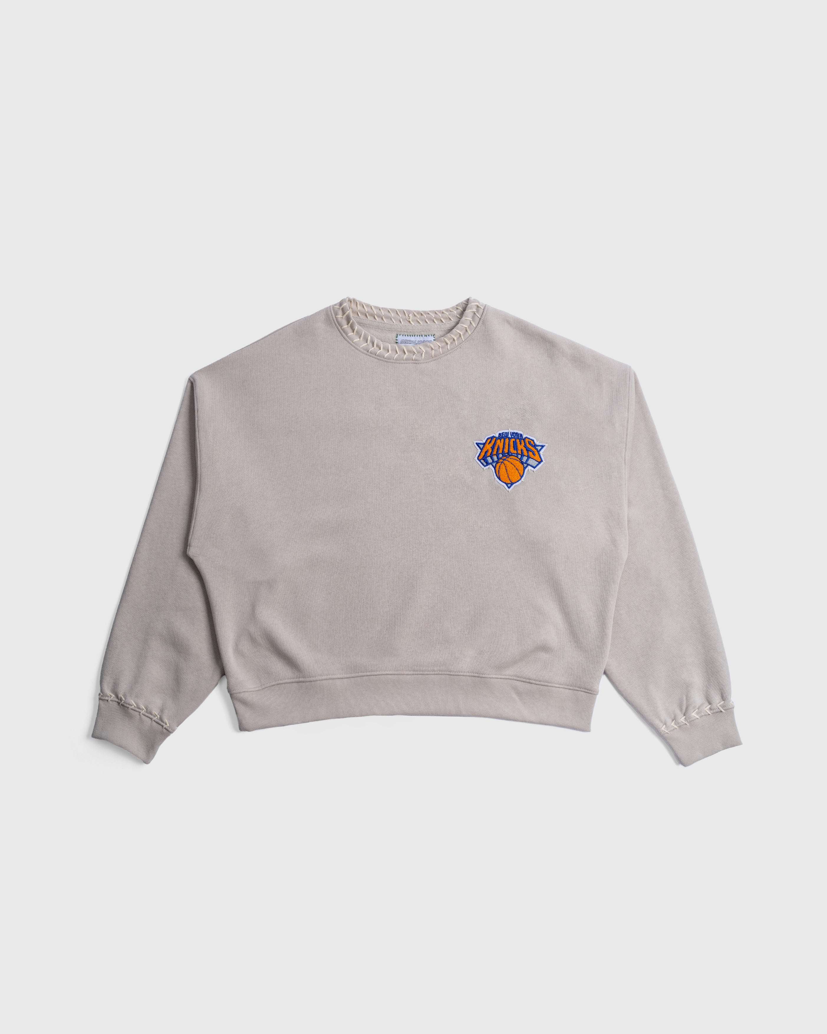 Hand-stitched Knicks crewneck sweatshirt with NBA chenille logo embroidery