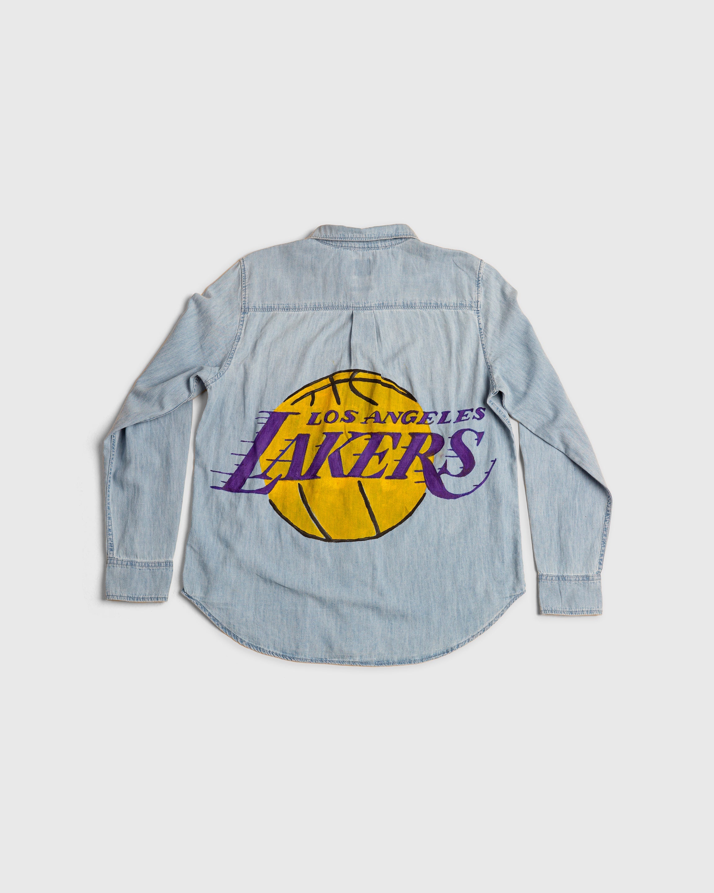 Los Angeles Lakers hand-painted denim oxford shirt with basketball logo on back