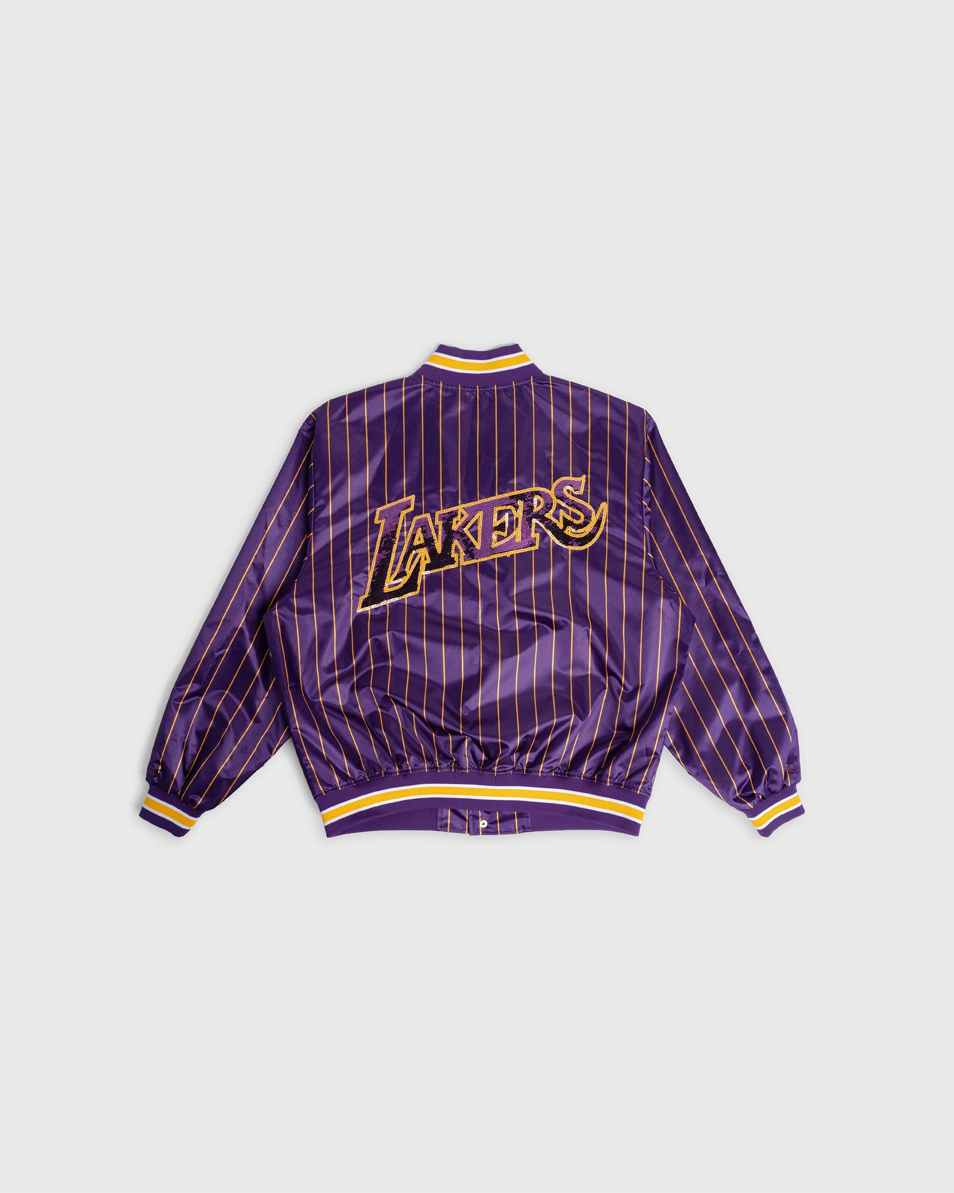 Los Angeles Lakers Satin Jacket purple with pinstripes and embellished team logo on back