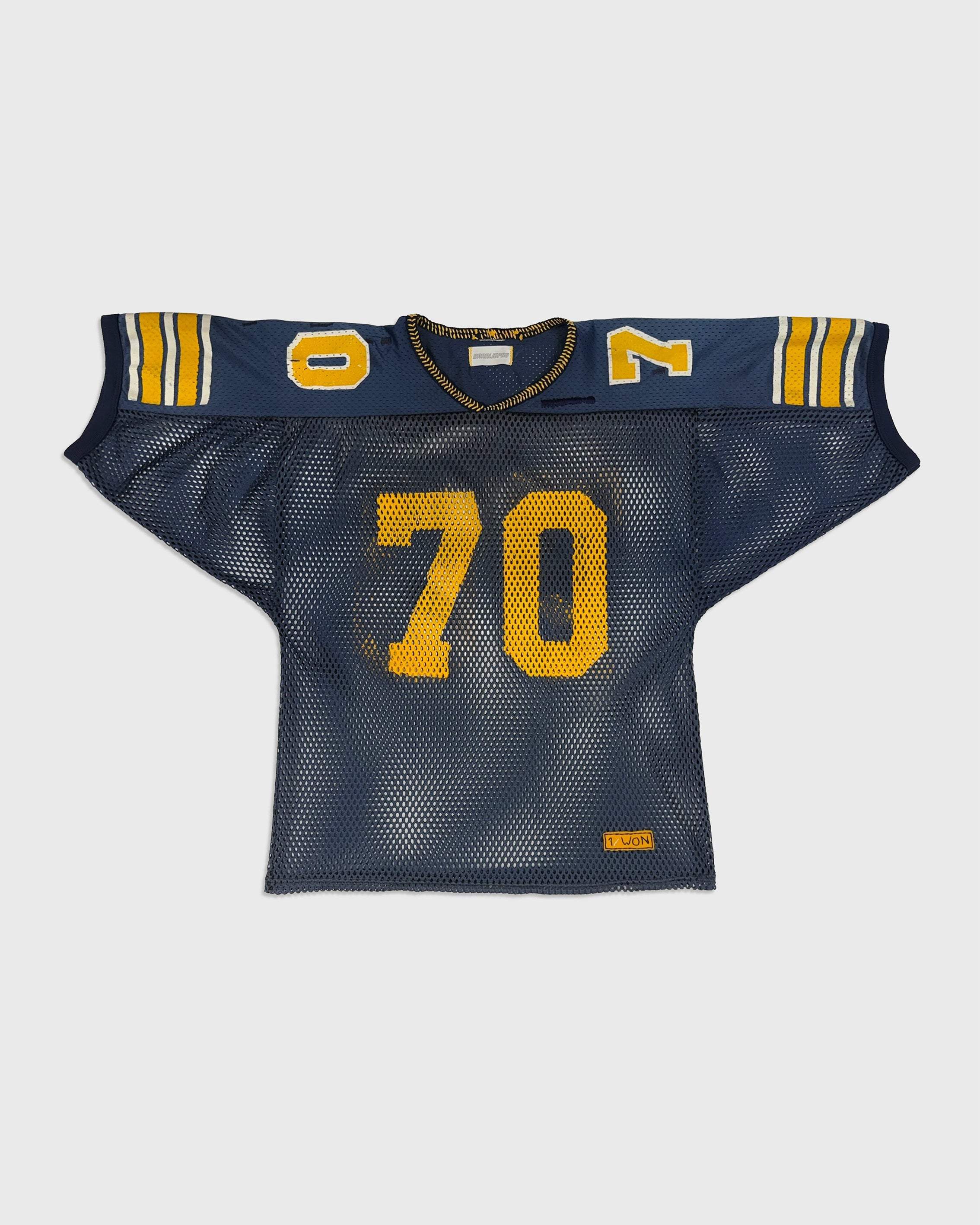 Vintage navy and yellow mesh 70 Jersey with hand-stitched yellow neckline and custom 1/WON patch