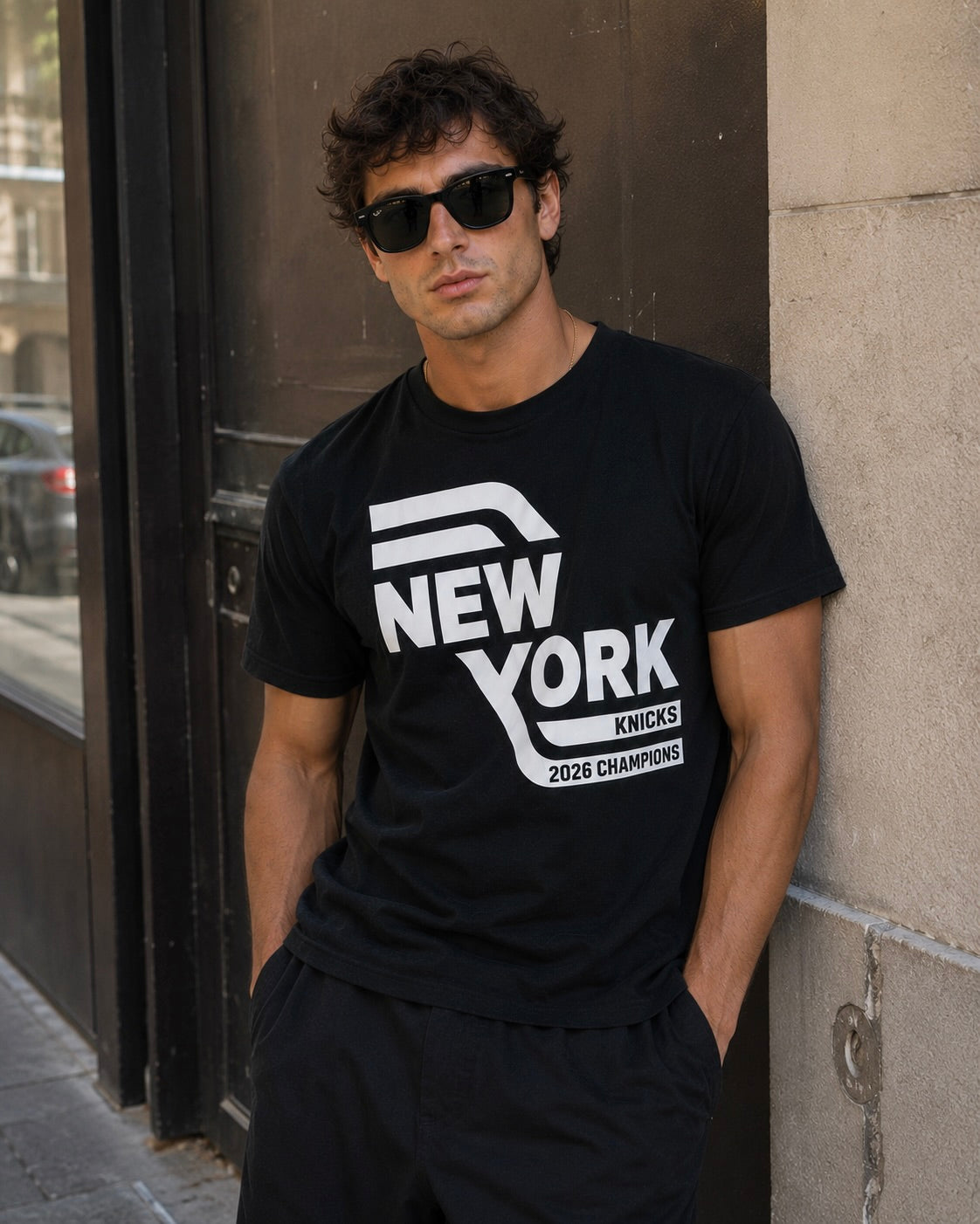 A man wearing a black crewneck t-shirt with a bold white graphic that reads 'NEW YORK KNICKS 2026 CHAMPIONS' and matching black sweatpants, leaning against a stone wall.