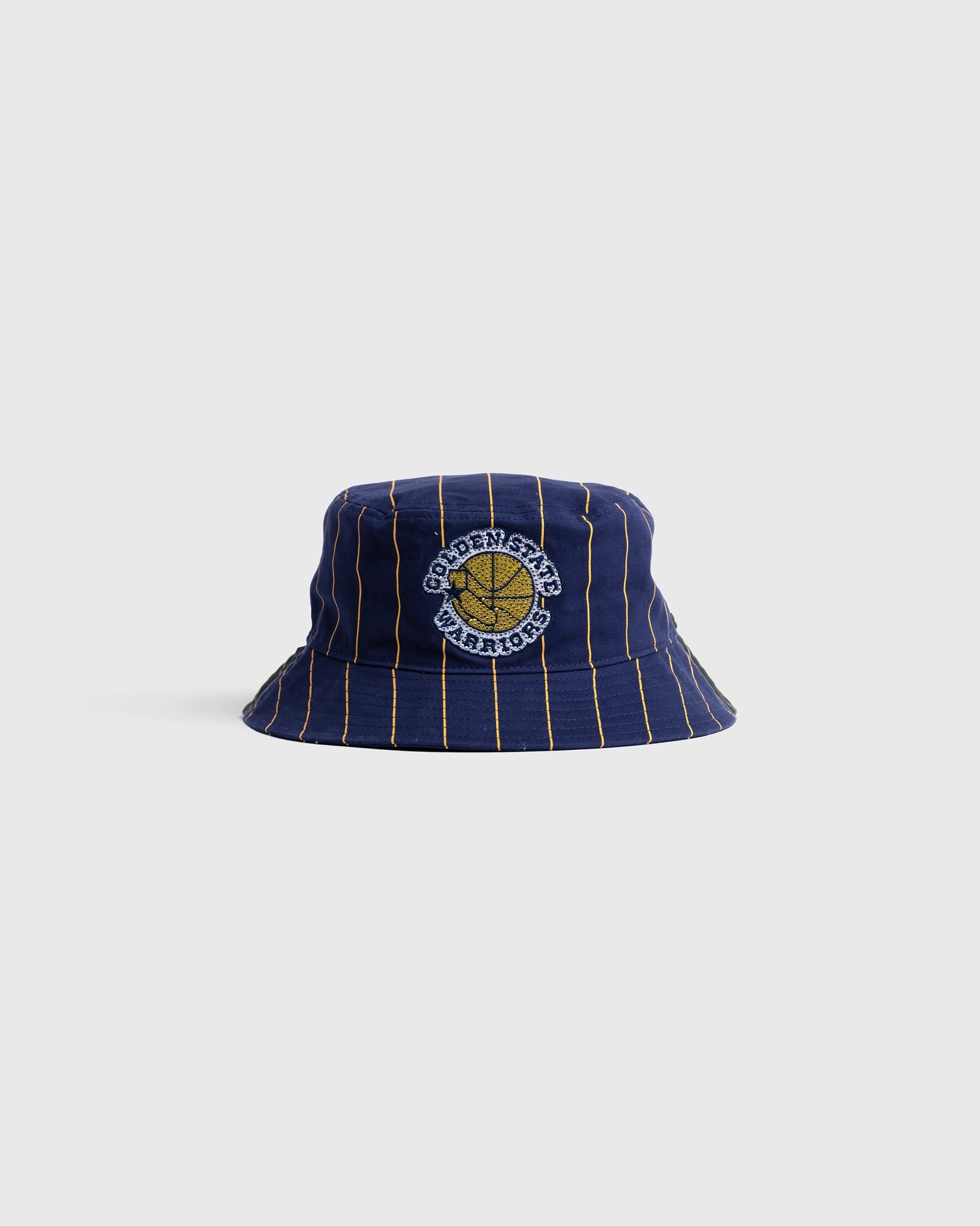 Golden State Warriors navy blue pinstripe bucket hat with embroidered team logo