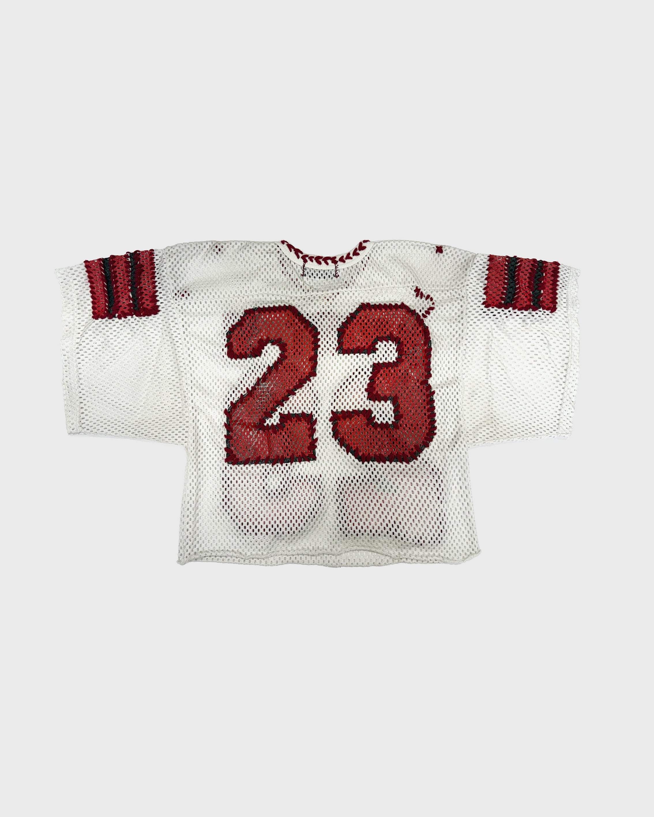 Vintage white mesh jersey with red hand-stitched detailing and number 23 design