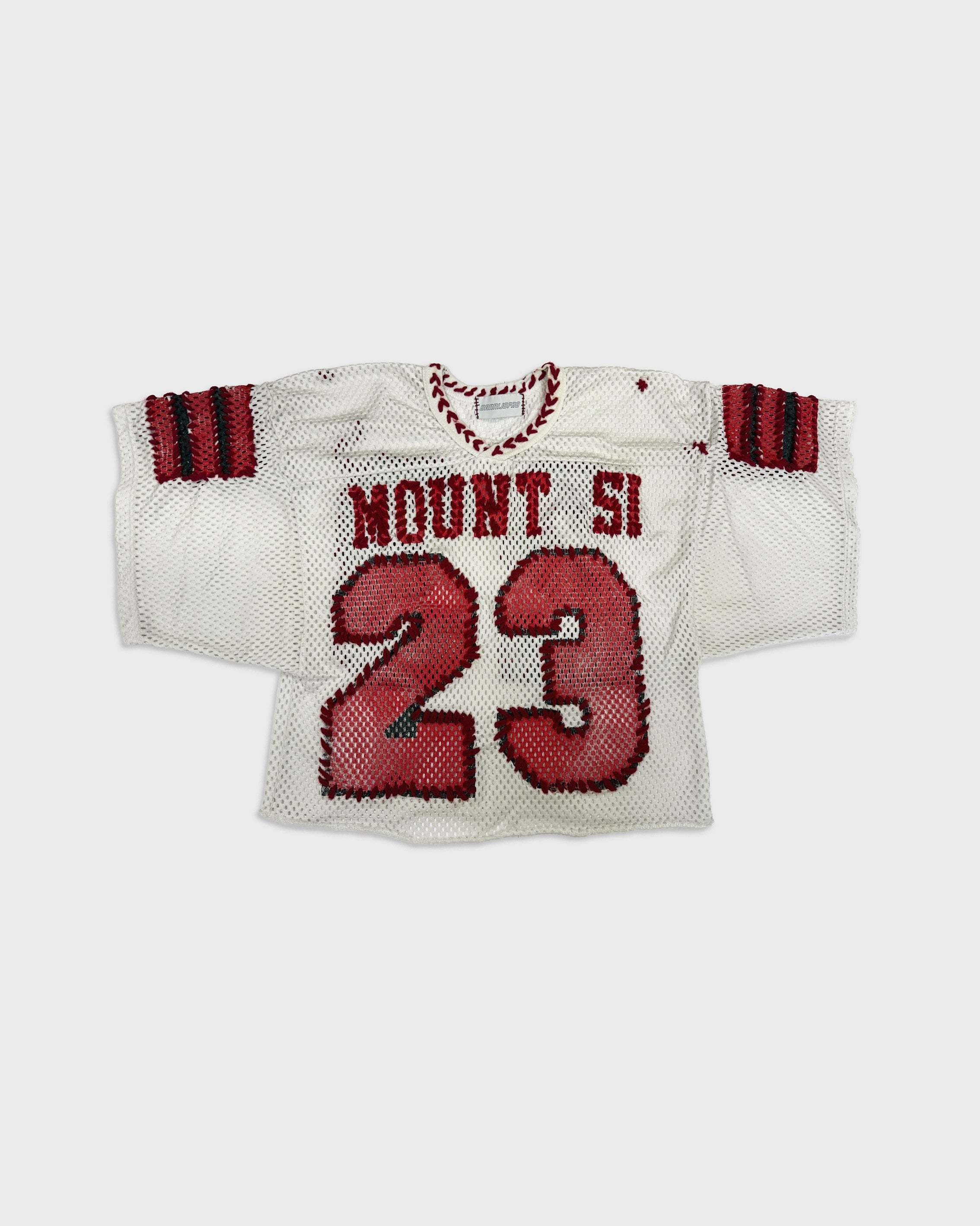 Vintage white mesh jersey with hand-stitched red details and number 23 design